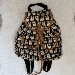 NWOT Black and Beige Owl Mini Travel Buckle Drawstring Canvas Backpack